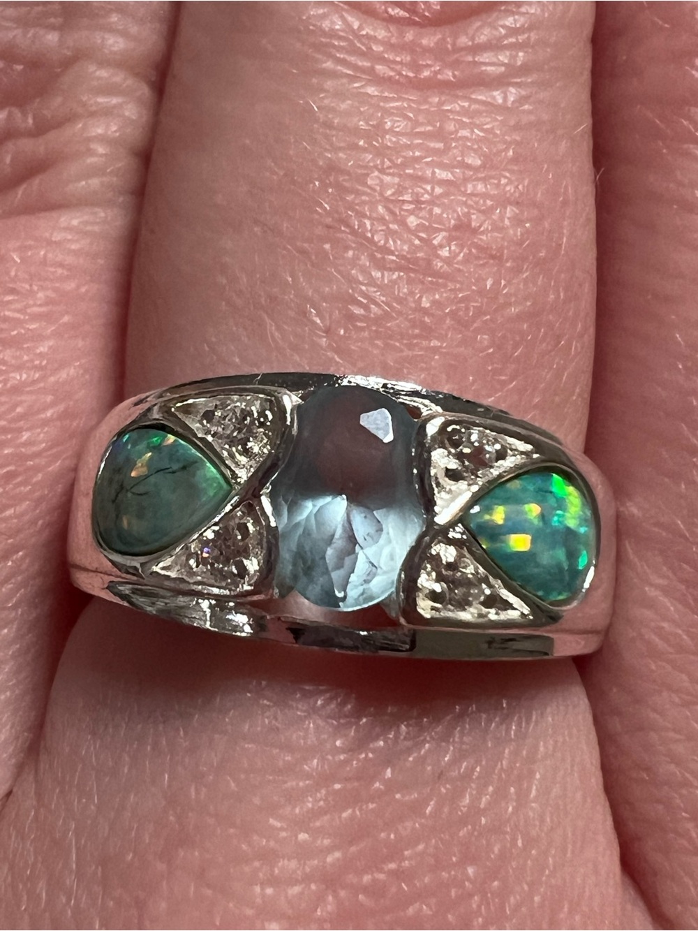 925 Sterling Silver Blue Topaz? Stone And Opals Ring Size 7